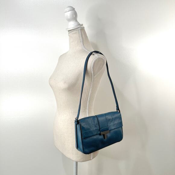 T Tahari Teal Frida Leather Shoulder Bag Baguette Blue - Picture 2 of 8